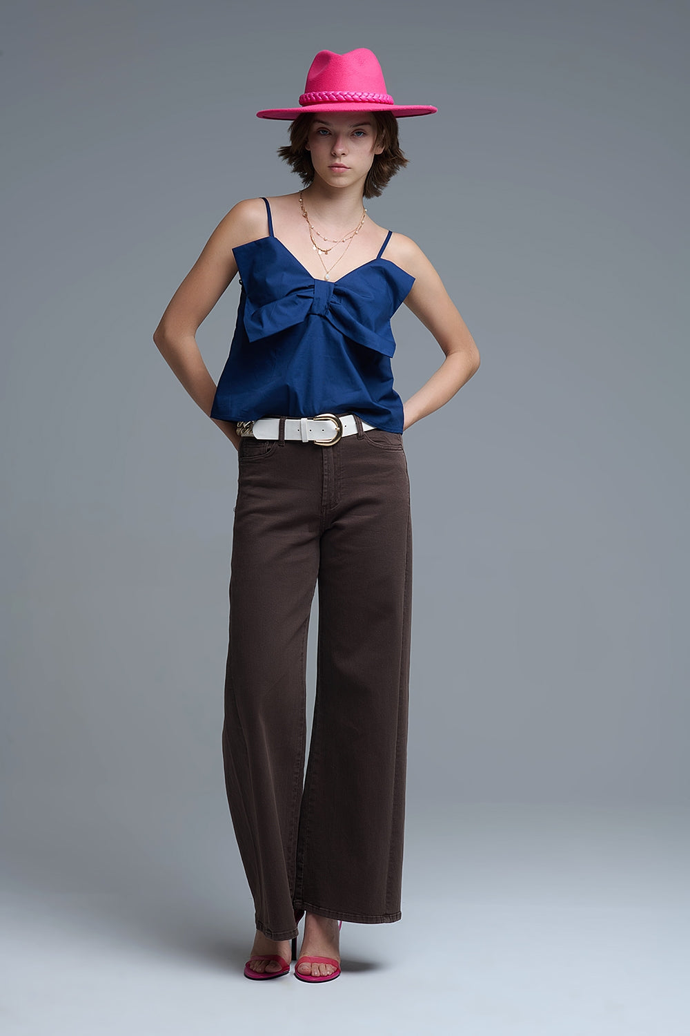 Navy poplin crop top with bow detail