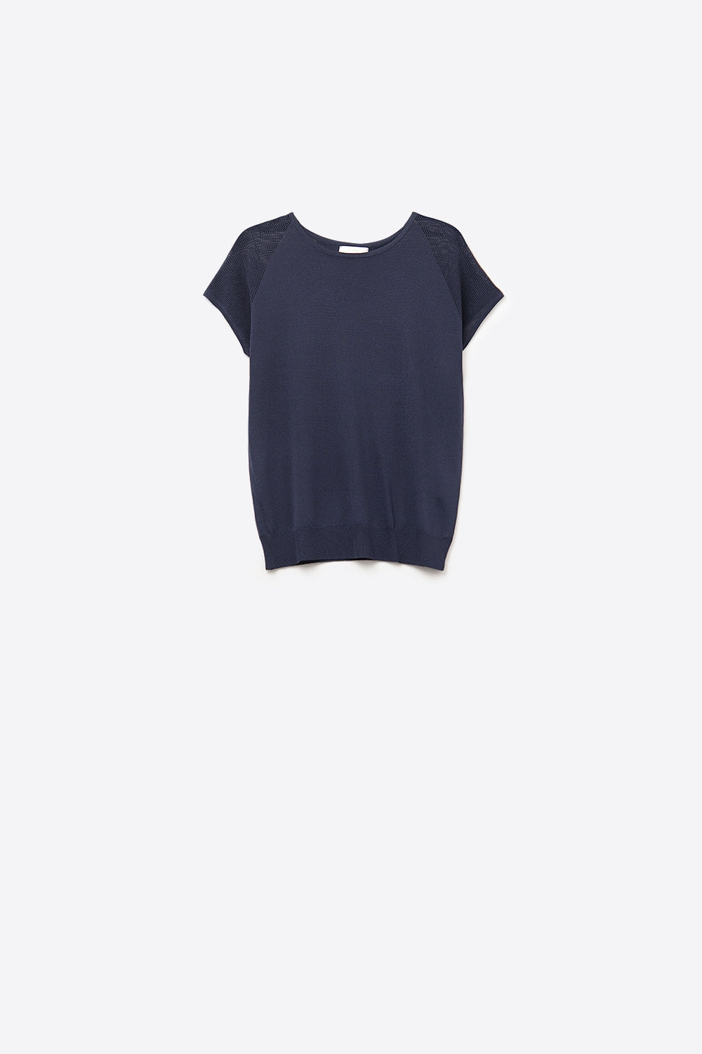 Q2 Navy Short Sleeve Sweater with knitted mesh on the shoulder