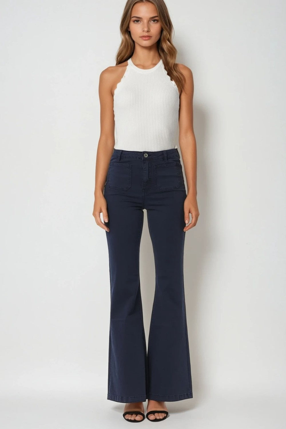 Calça de ganga Skinny Azul Marinho Flare com Detalhe de Bolso Frontal