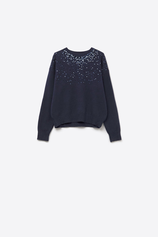 Q2 Navy soft knit sweater embellished with sequins on the front