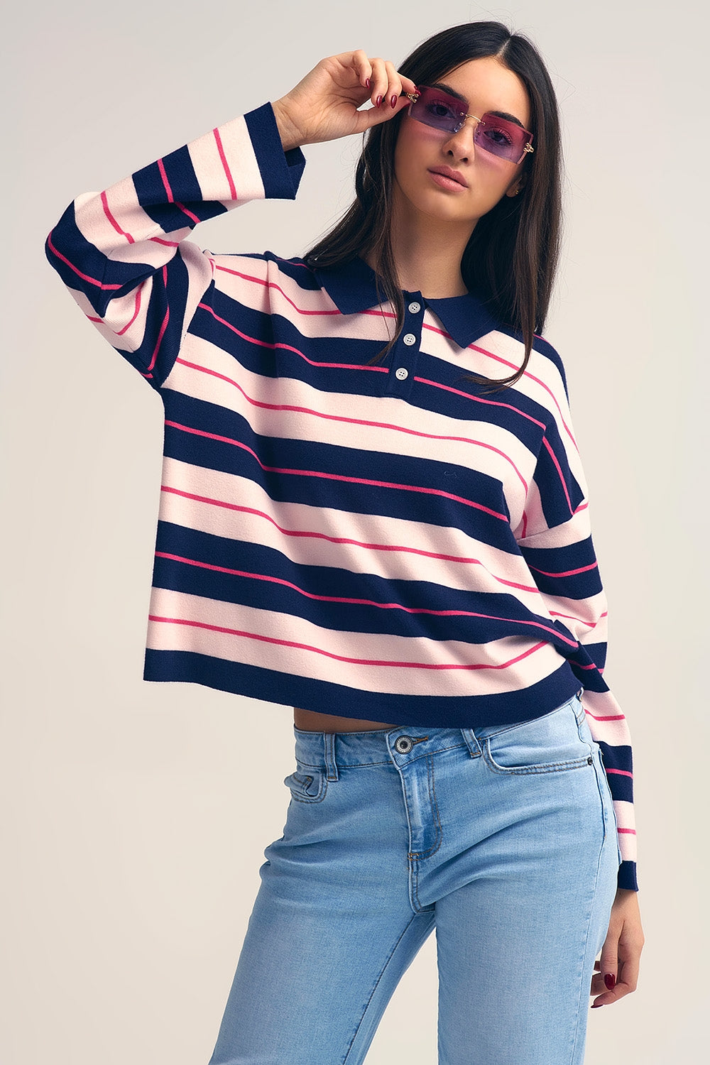 Q2 Navy Striped Knit Polo Sweater with Buttoned Collar