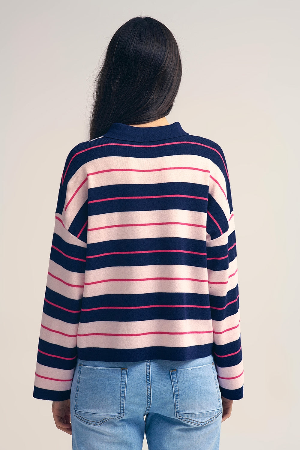 Navy Striped Knit Polo Sweater with Buttoned Collar