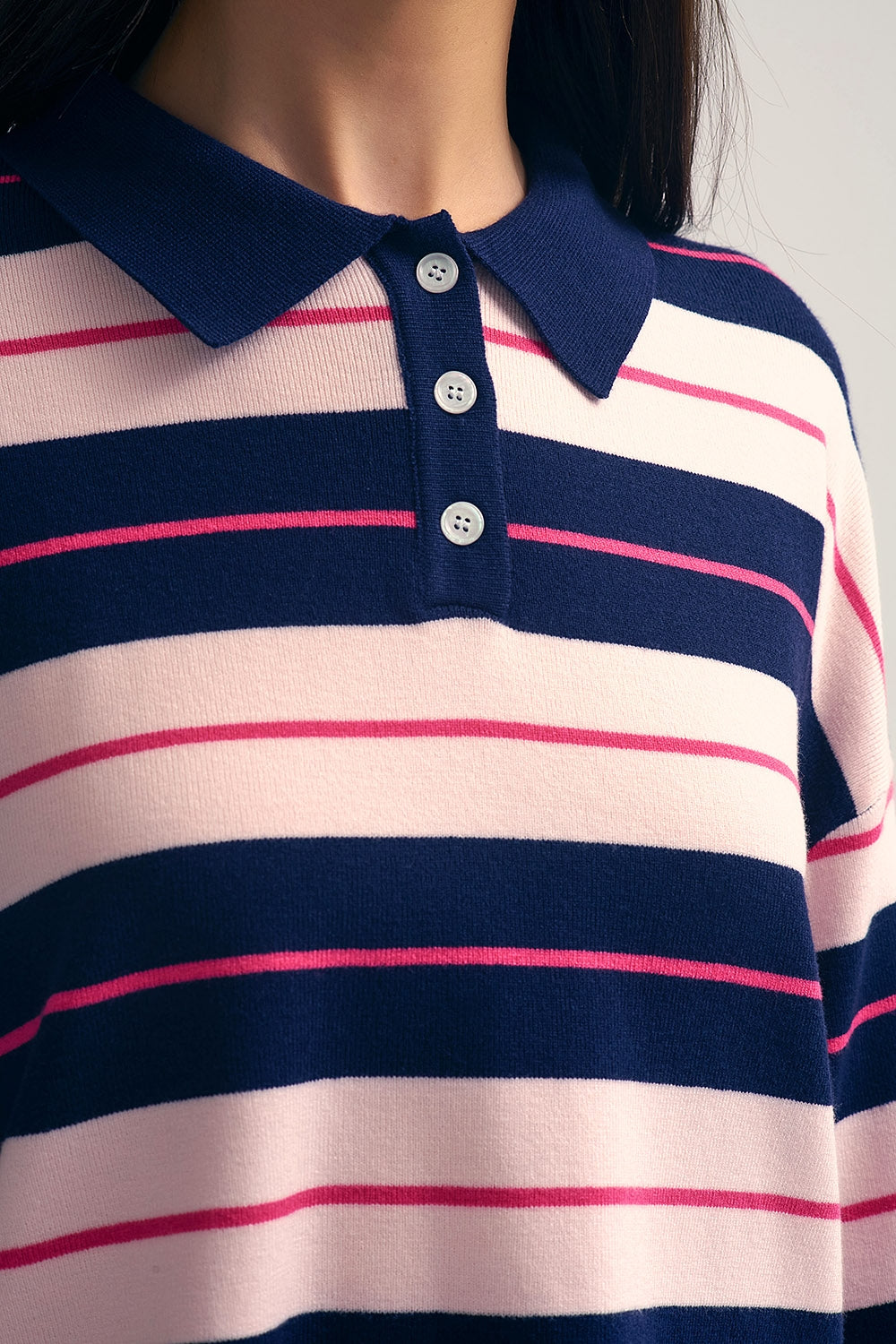 Navy Striped Knit Polo Sweater with Buttoned Collar