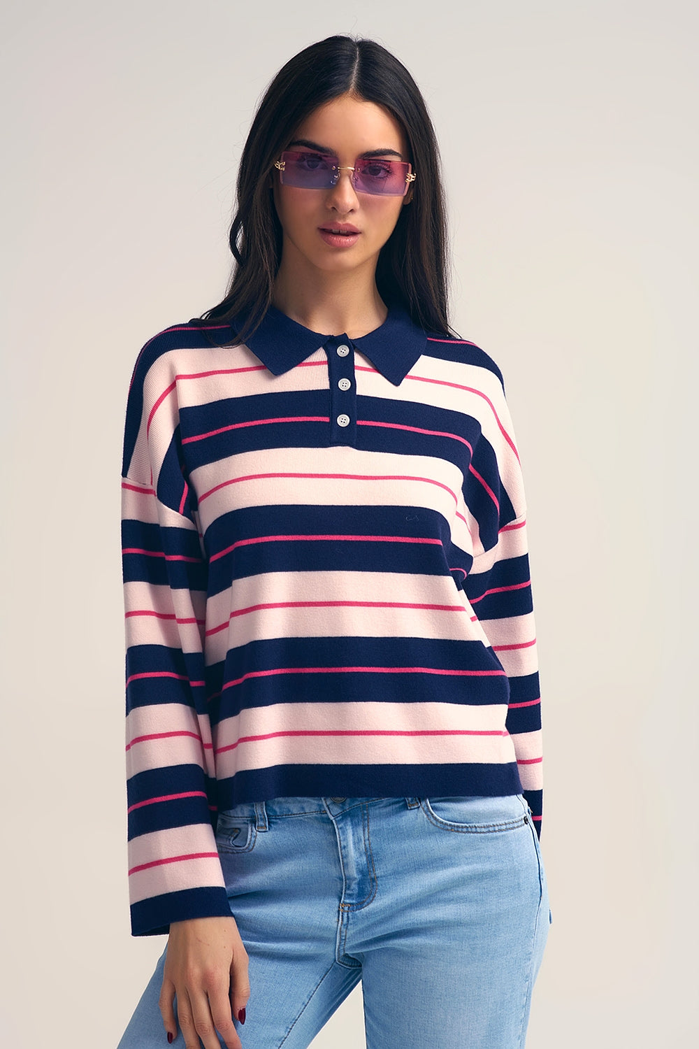 Navy Striped Knit Polo Sweater with Buttoned Collar
