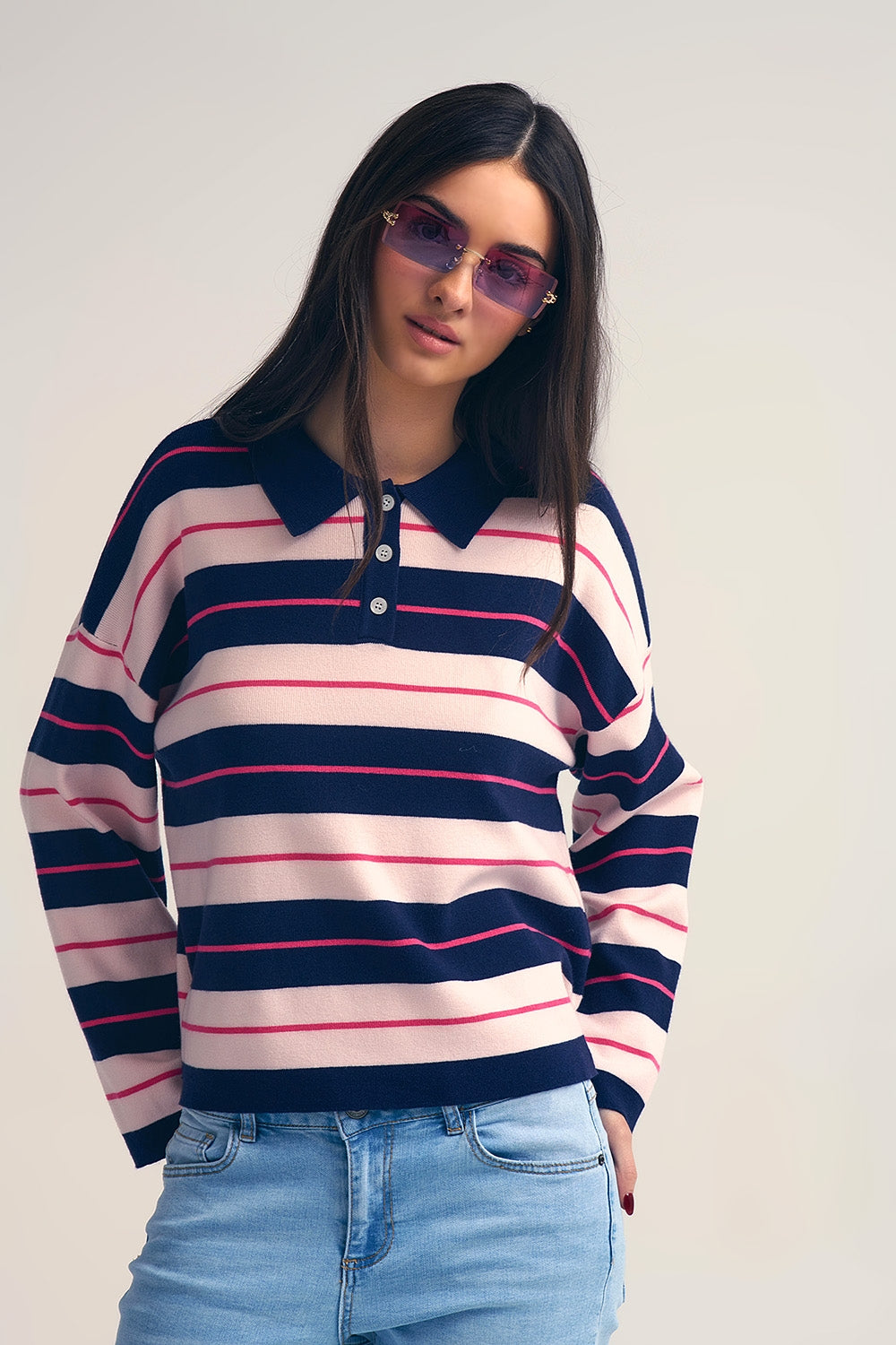 Navy Striped Knit Polo Sweater with Buttoned Collar