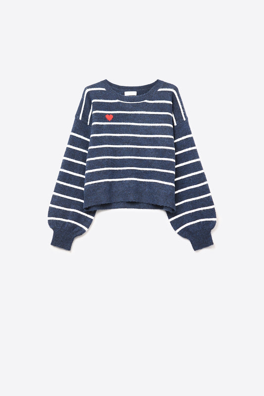 Q2 Navy striped knit sweater with red heart detail