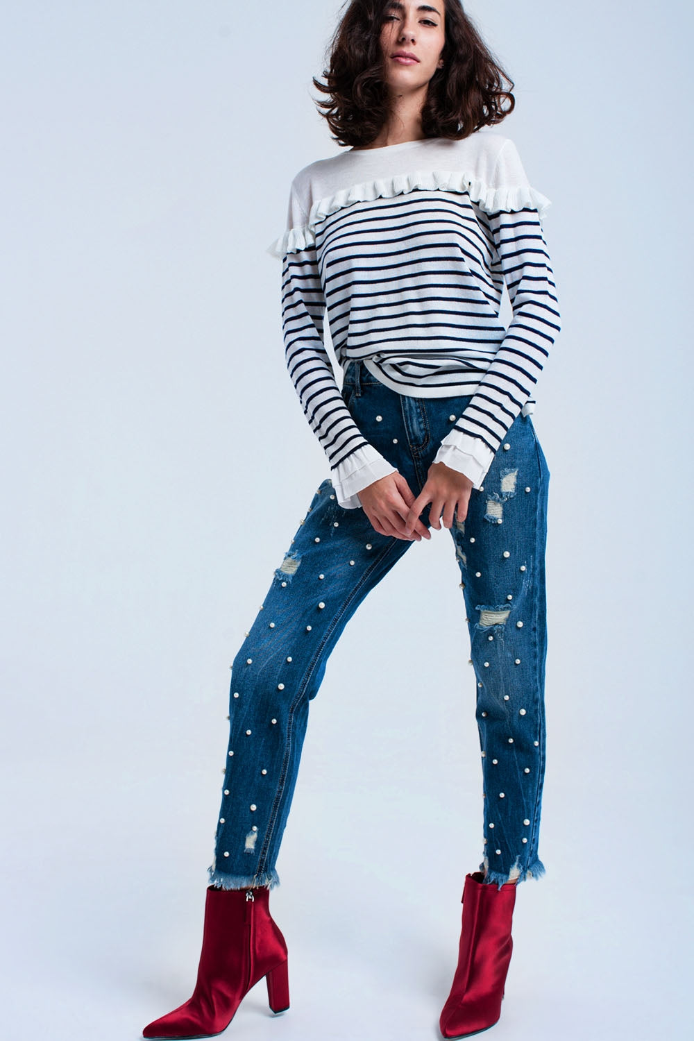 Marineblauwe gestreepte trui met ruches