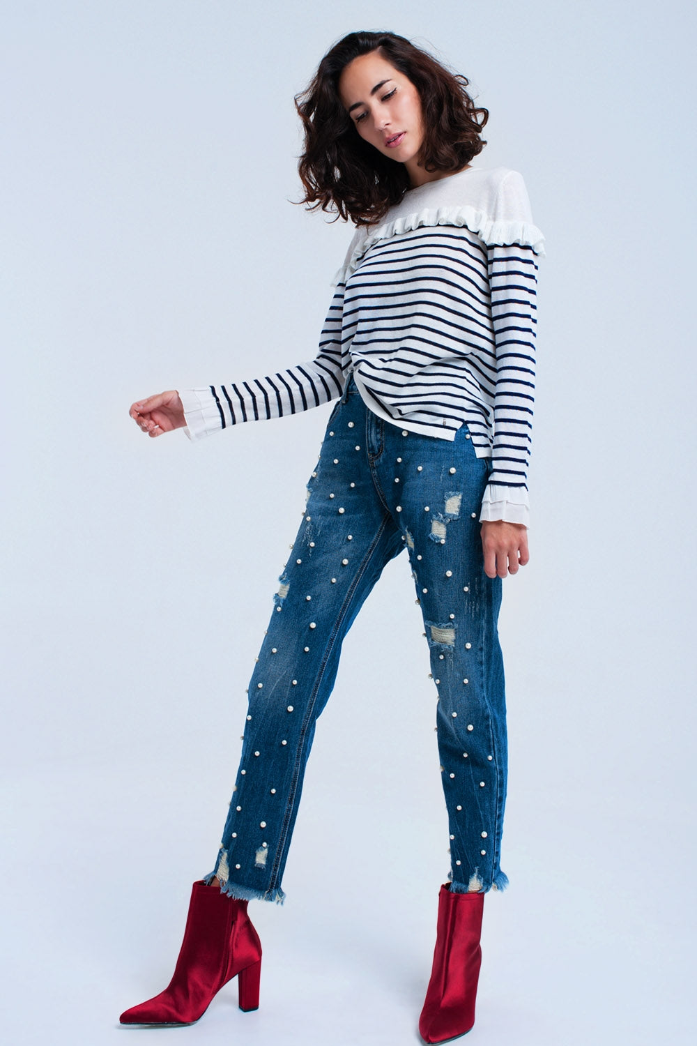 Marineblauwe gestreepte trui met ruches