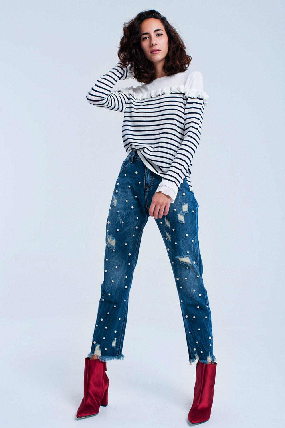 Marineblauwe gestreepte trui met ruches