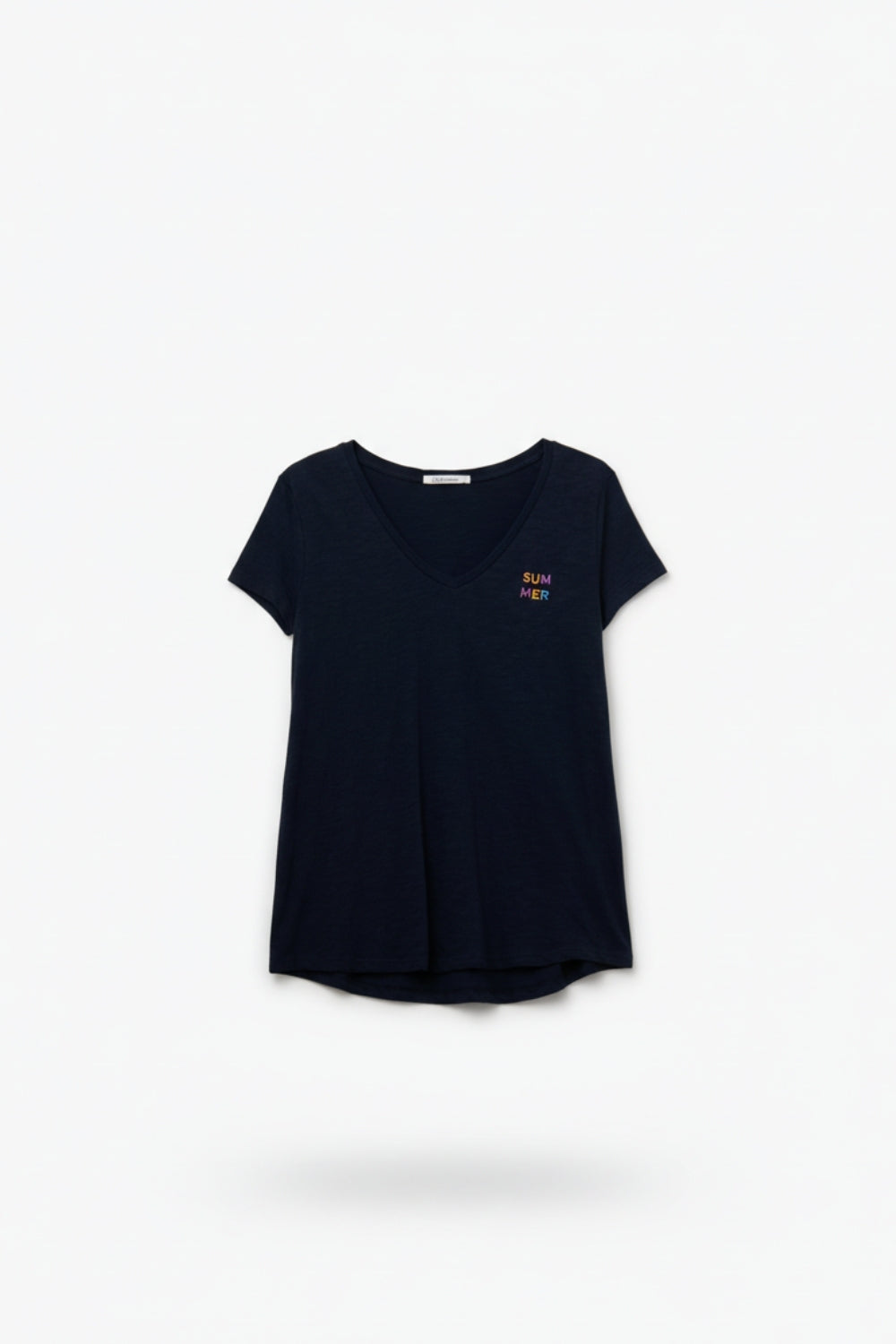 Q2 Navy T-Shirt with Wide Neckline and Text Detail
