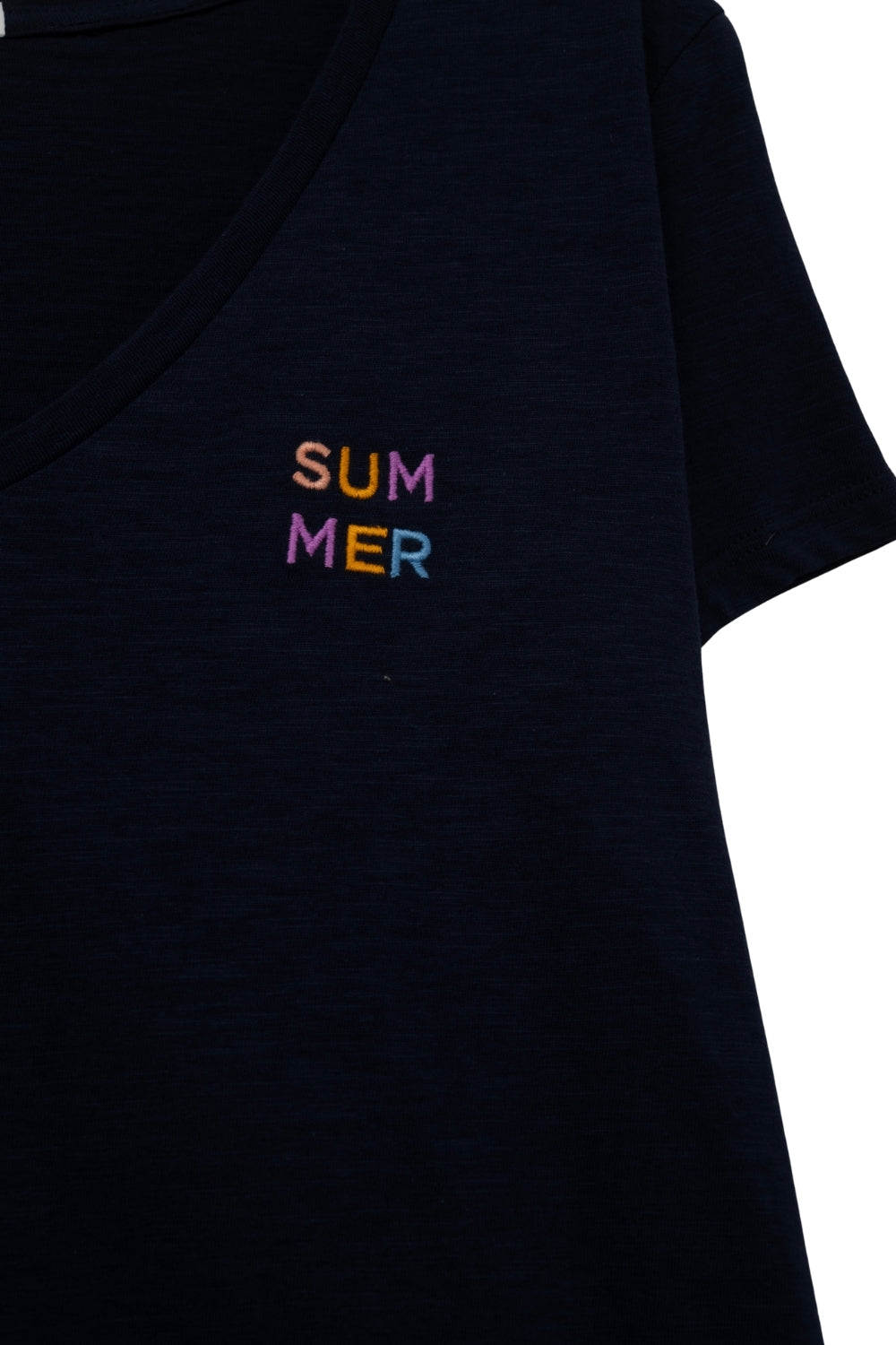 Navy T-Shirt with Wide Neckline and Text Detail