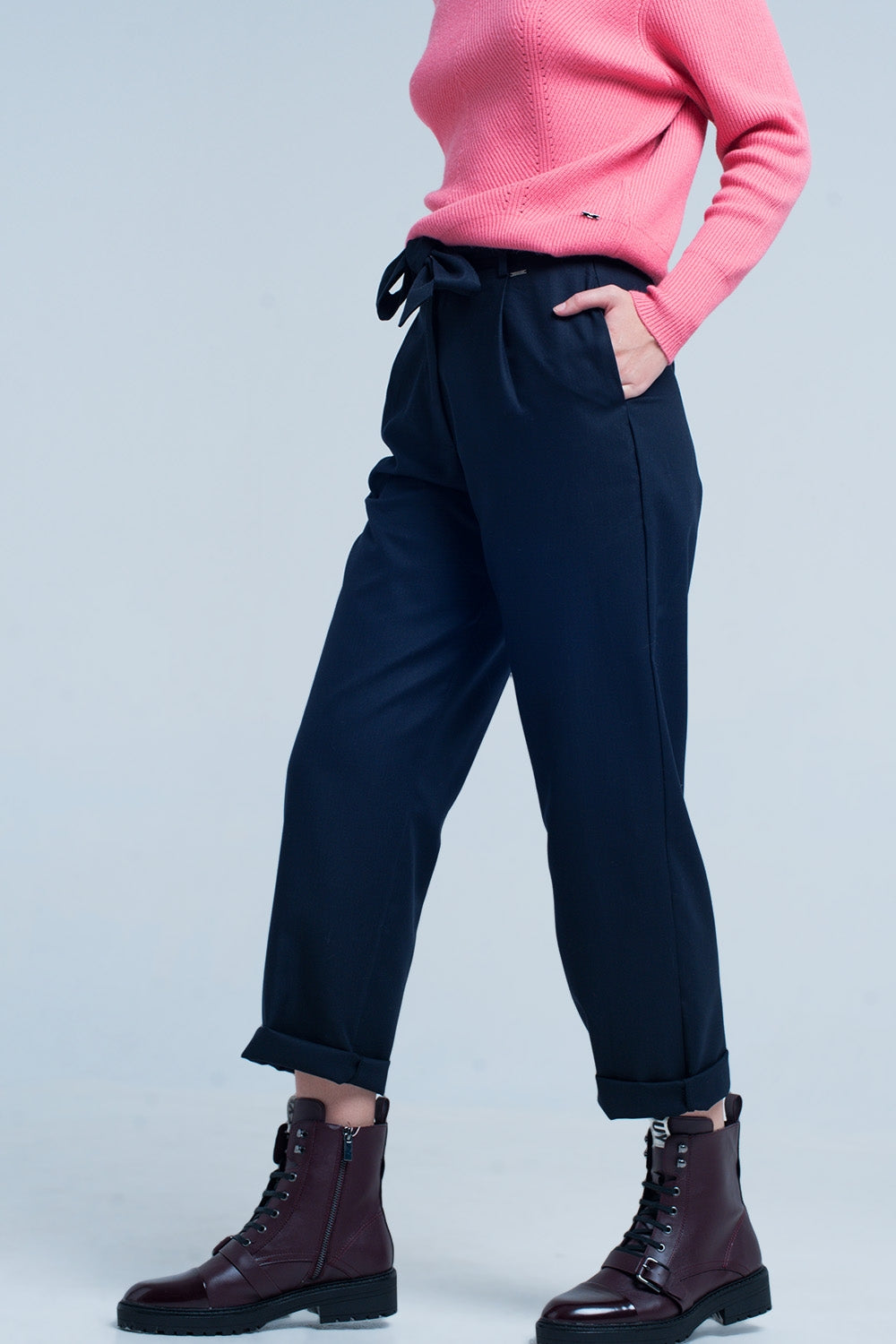 Navy Wide Pants with Bow Tie