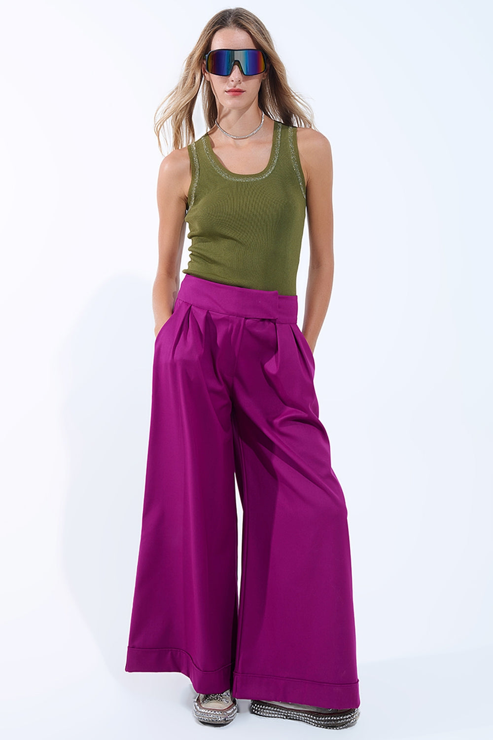 Olijfgroene mouwloze gebreide top met metallic rand