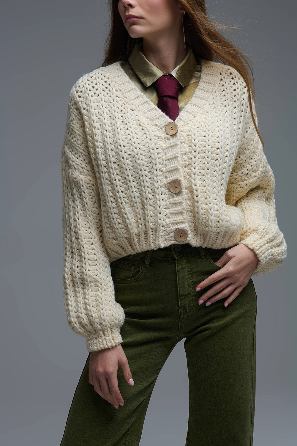 Open Knit Chunky Cardigan In beige