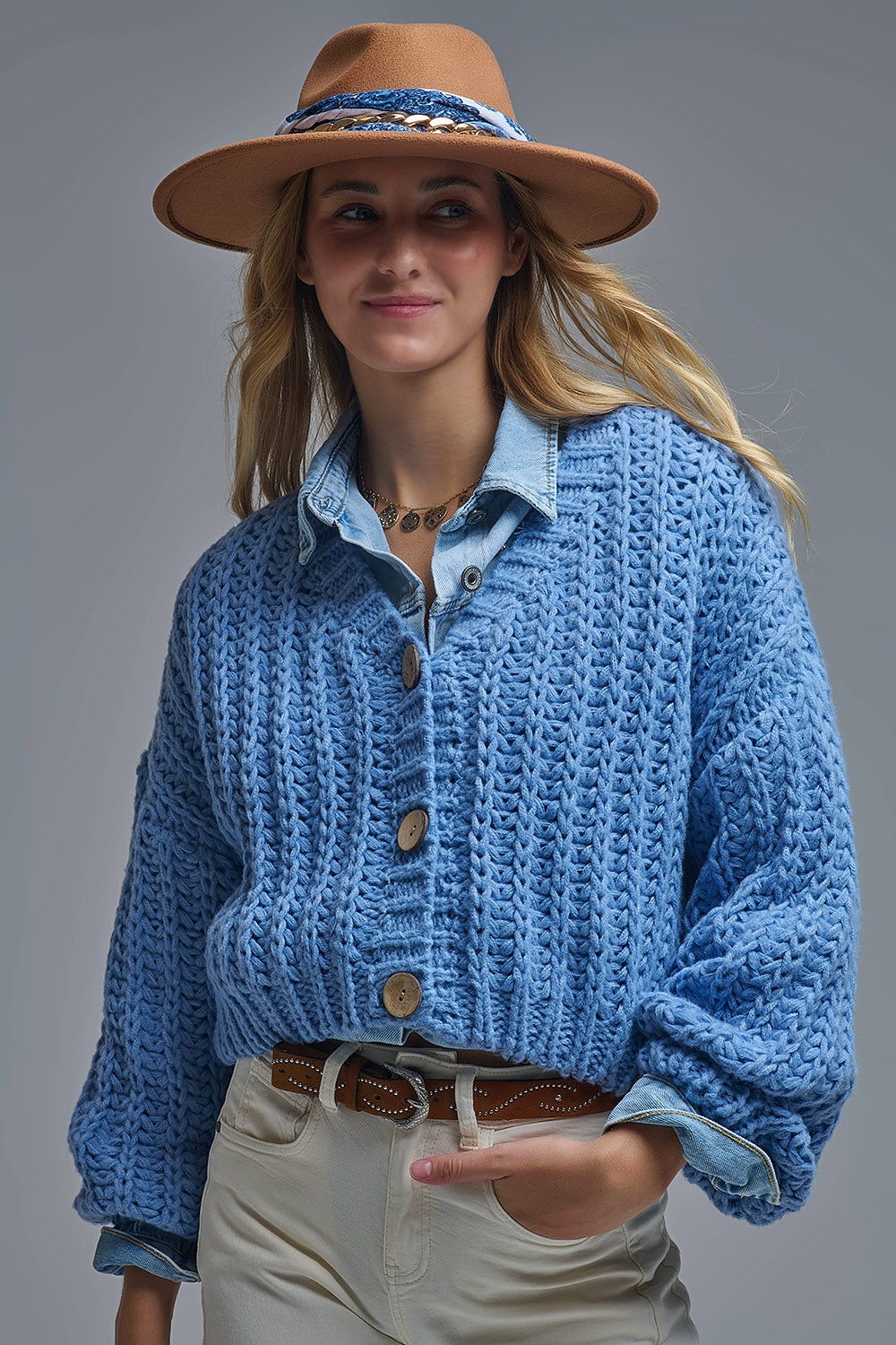 Open Knit Chunky Cardigan In blue