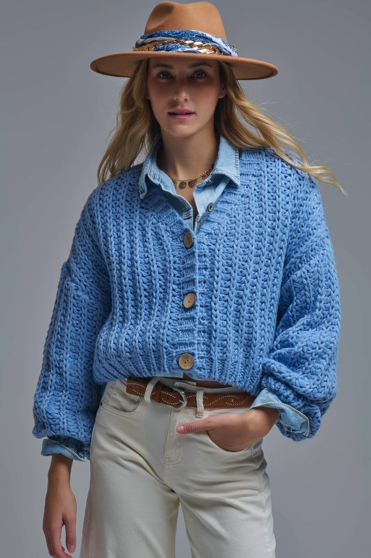 Q2 Open Knit Chunky Cardigan In blue