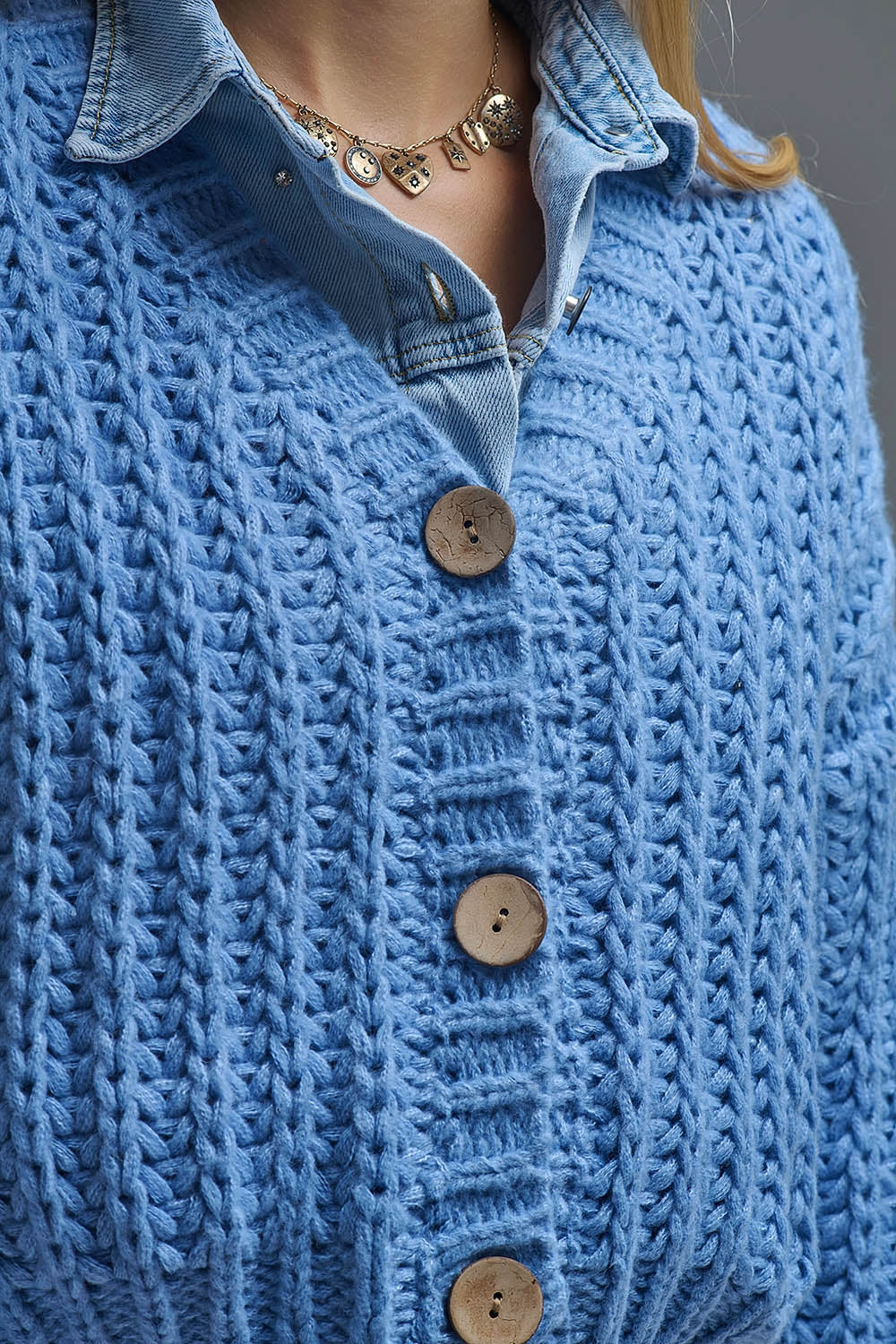 Open Knit Chunky Cardigan In blue