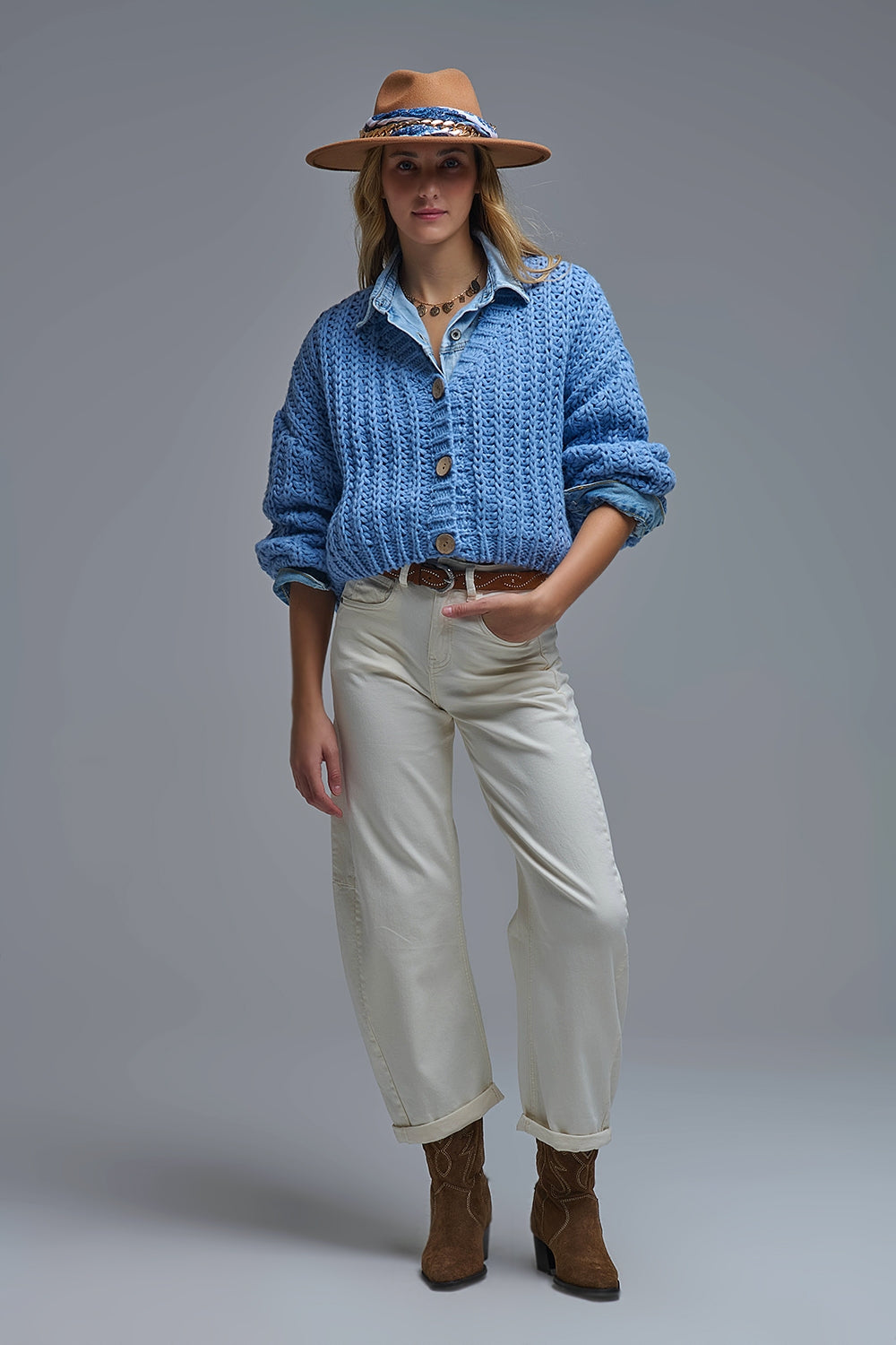 Open Knit Chunky Cardigan In blue