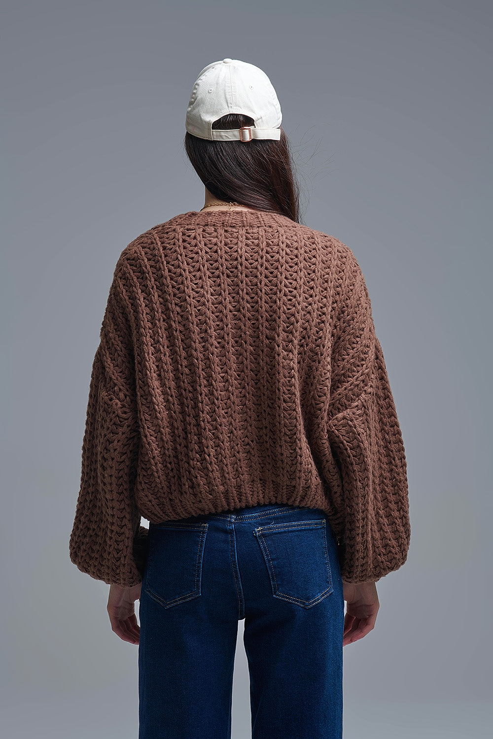 Open Knit Chunky Cardigan In Brown