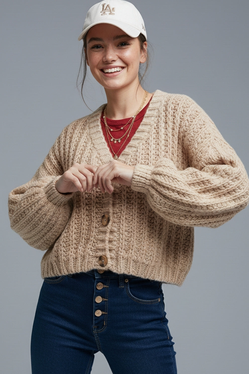 Q2 Open Knit Chunky Cardigan In dark beige