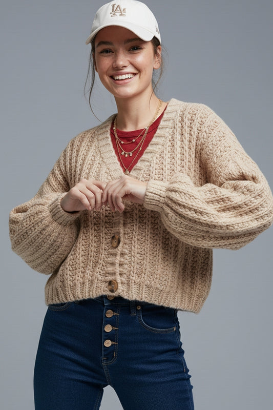Q2 Open Knit Chunky Cardigan In dark beige