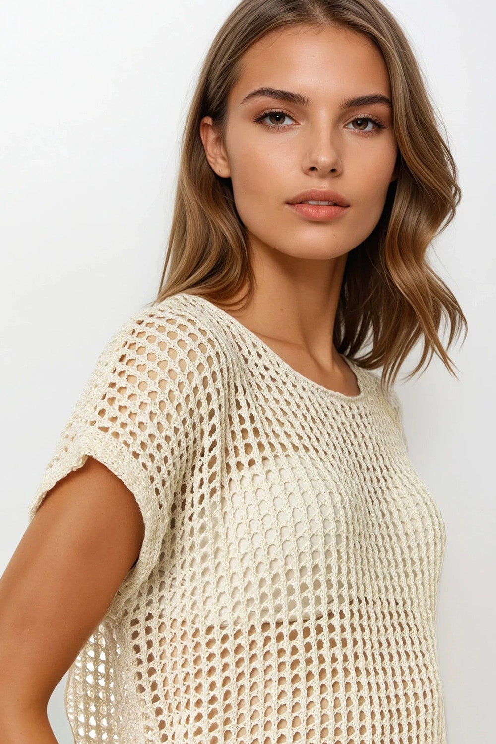 Open gebreide gehaakte top met verlaagde mouwen in beige