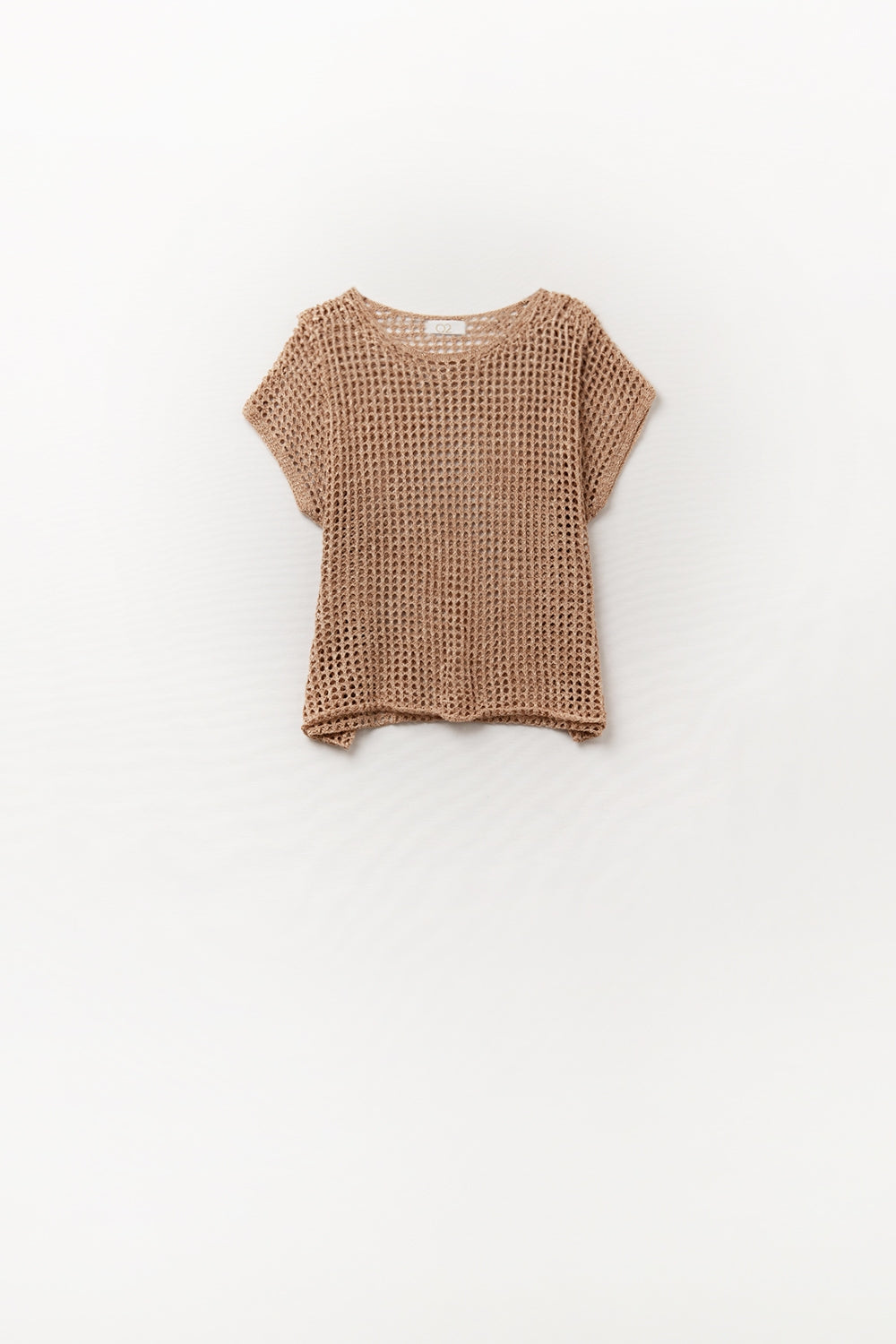 Q2 Open Knit Crochet dropped Sleeved Top in Camel