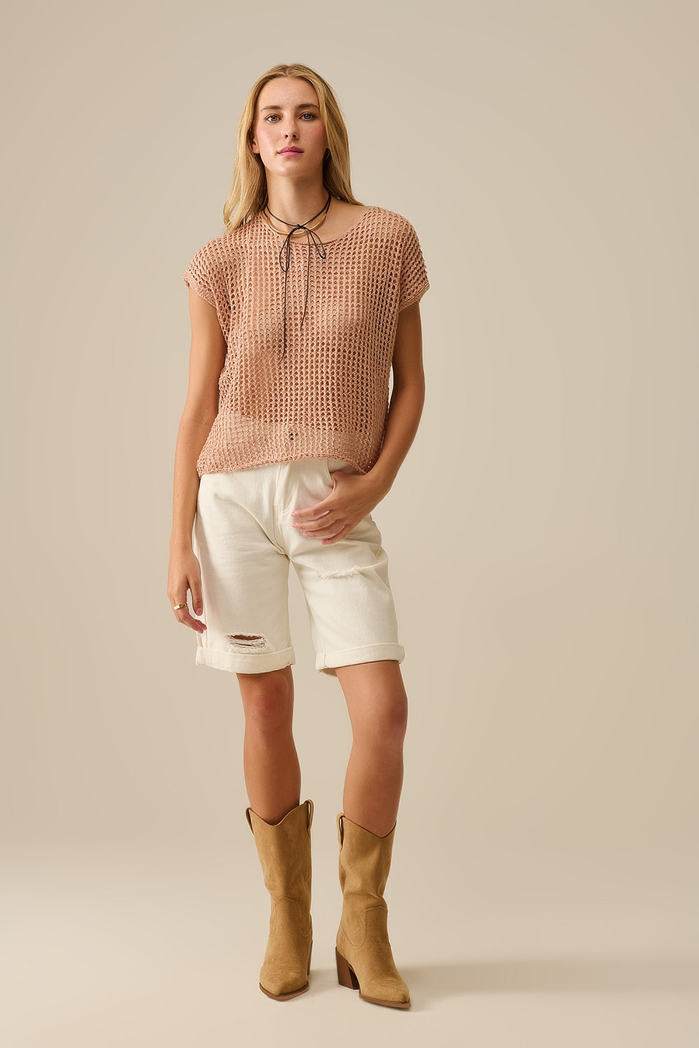 Open gebreide gehaakte top met verlaagde mouwen in camel