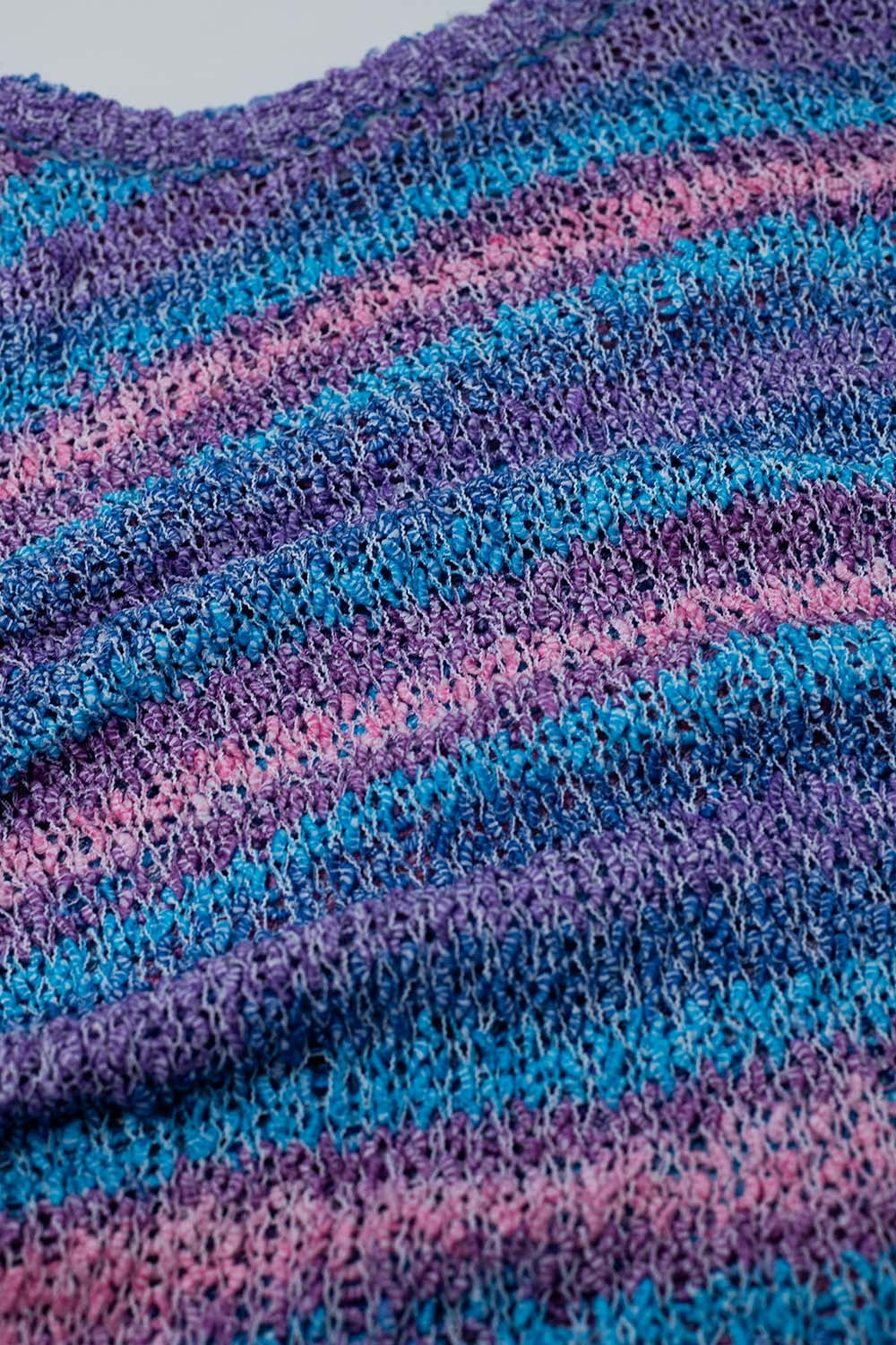Open Knit Stripey Crew Neck Sweater in Shades of Purple and Blue