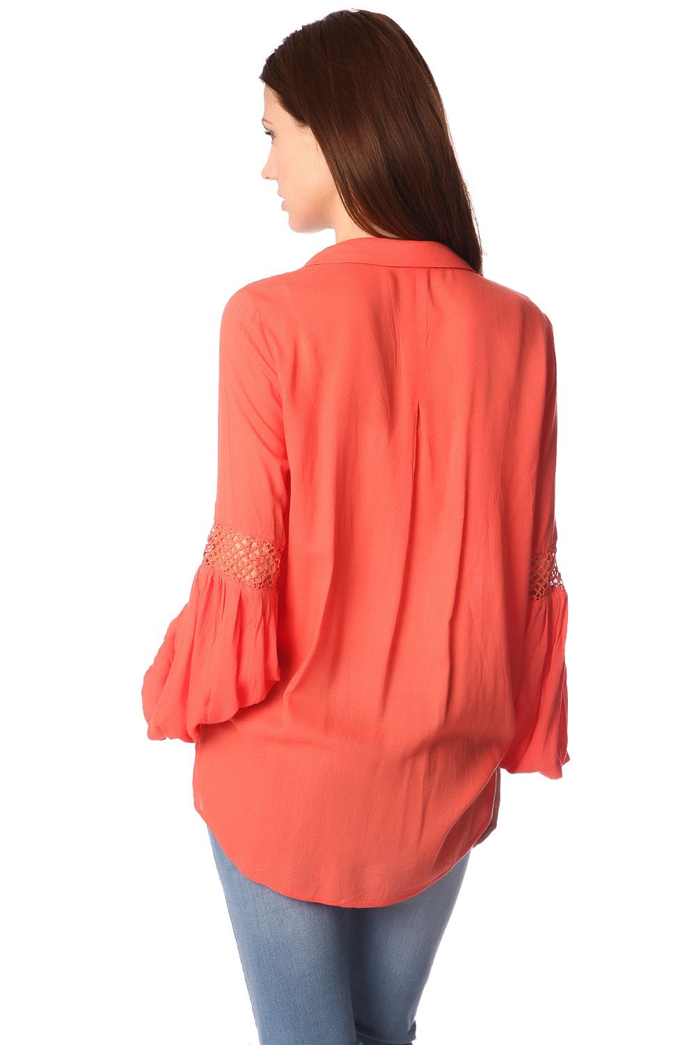 Blusa laranja com frente cruzada e detalhe drapeado