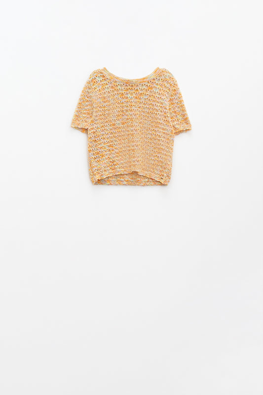 Q2 orange short sleeve crochet knit sweater