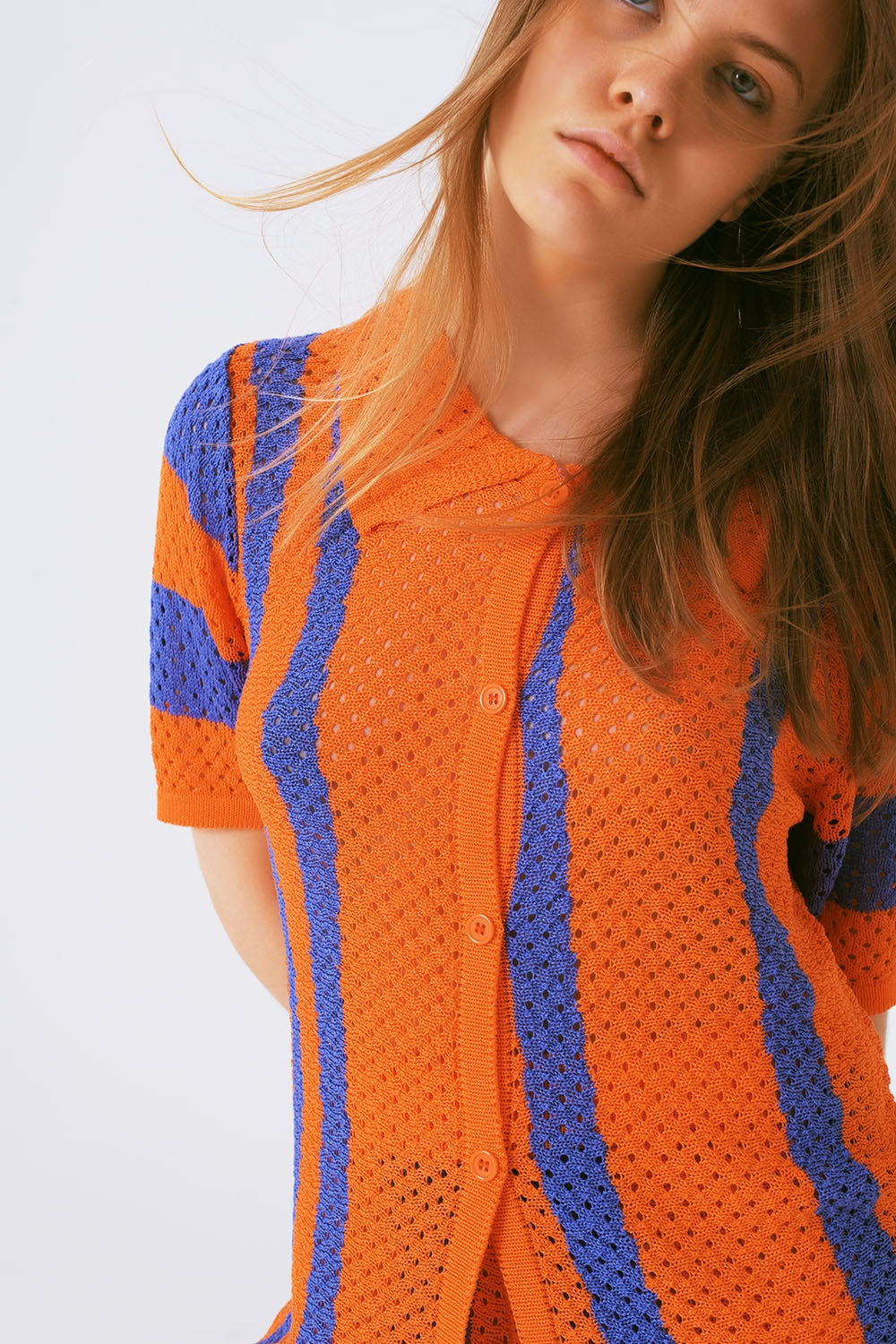 Orange Striped Crochet Knitted Cardigan