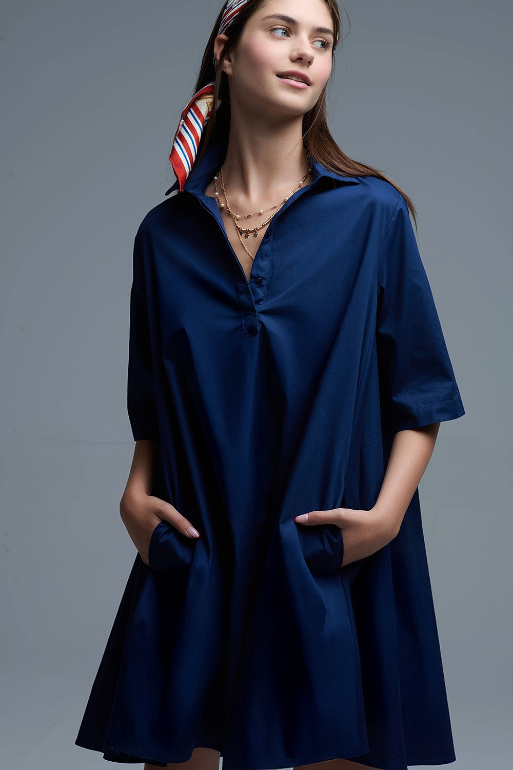 Oversized 3/4 Sleeve Poplin Dress in Navy