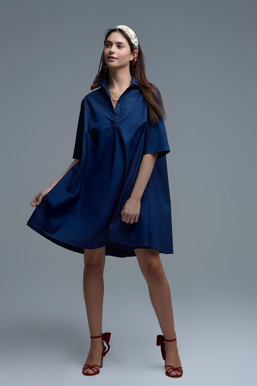 Oversized 3/4 Sleeve Poplin Dress in Navy