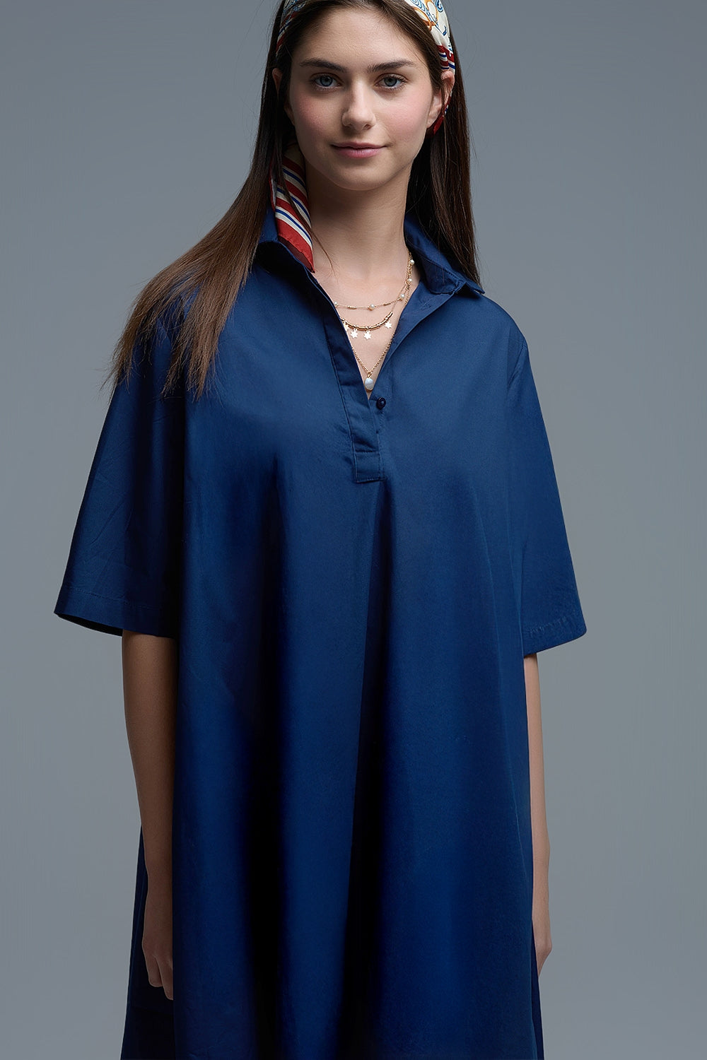 Oversized 3/4 Sleeve Poplin Dress in Navy