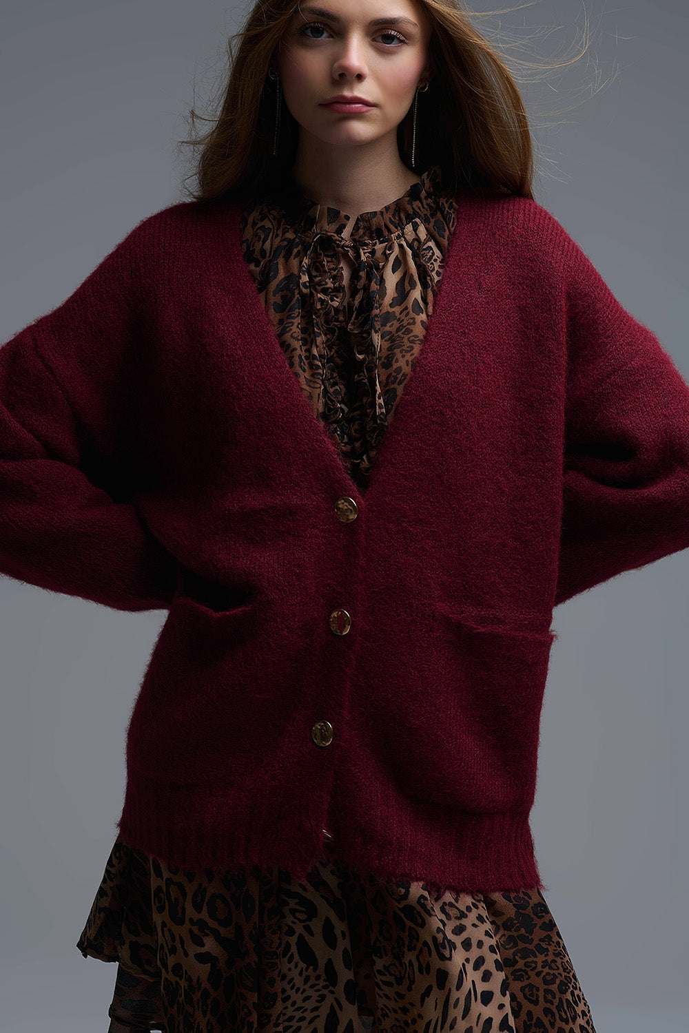 Q2 Oversized Cardigan in burgundy with gold buttons and pockets