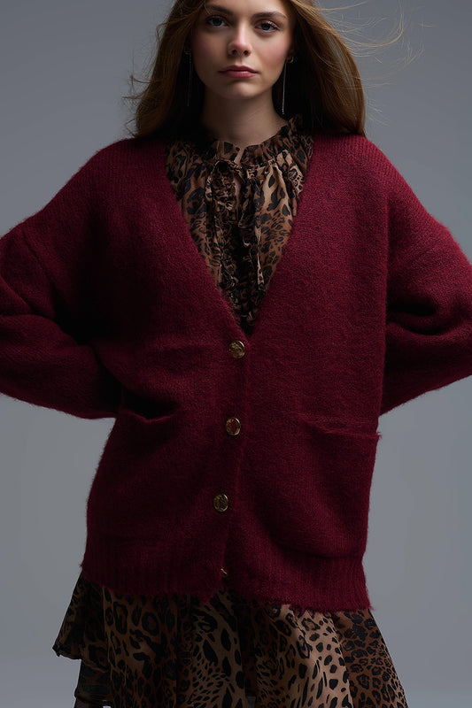 Q2 Oversized Cardigan in burgundy with gold buttons and pockets