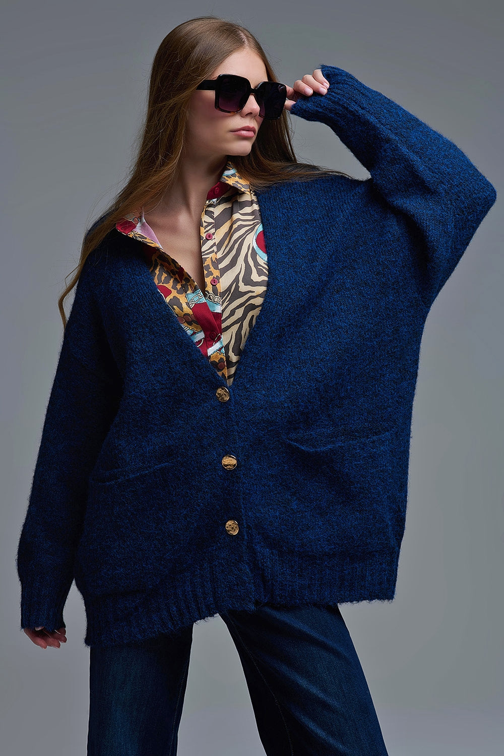 Oversized Cardigan in Navy with gold buttons and pockets