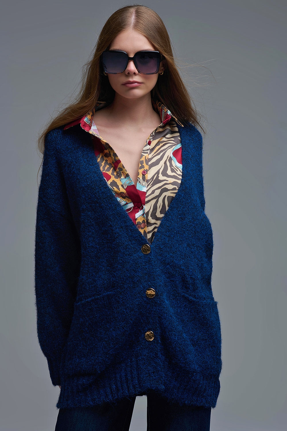 Oversized Cardigan in Navy with gold buttons and pockets