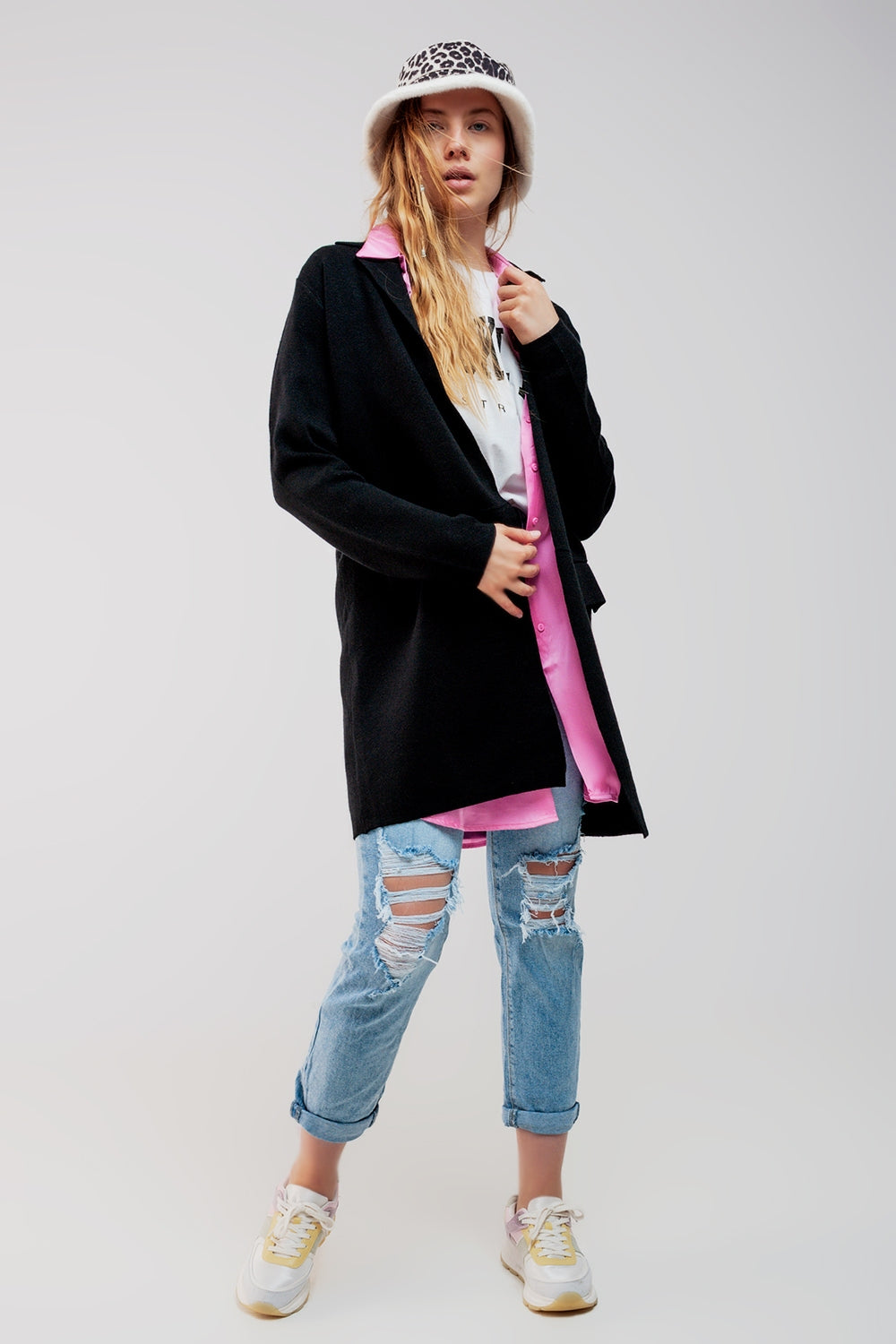 Oversized collar maxi cardigan in black