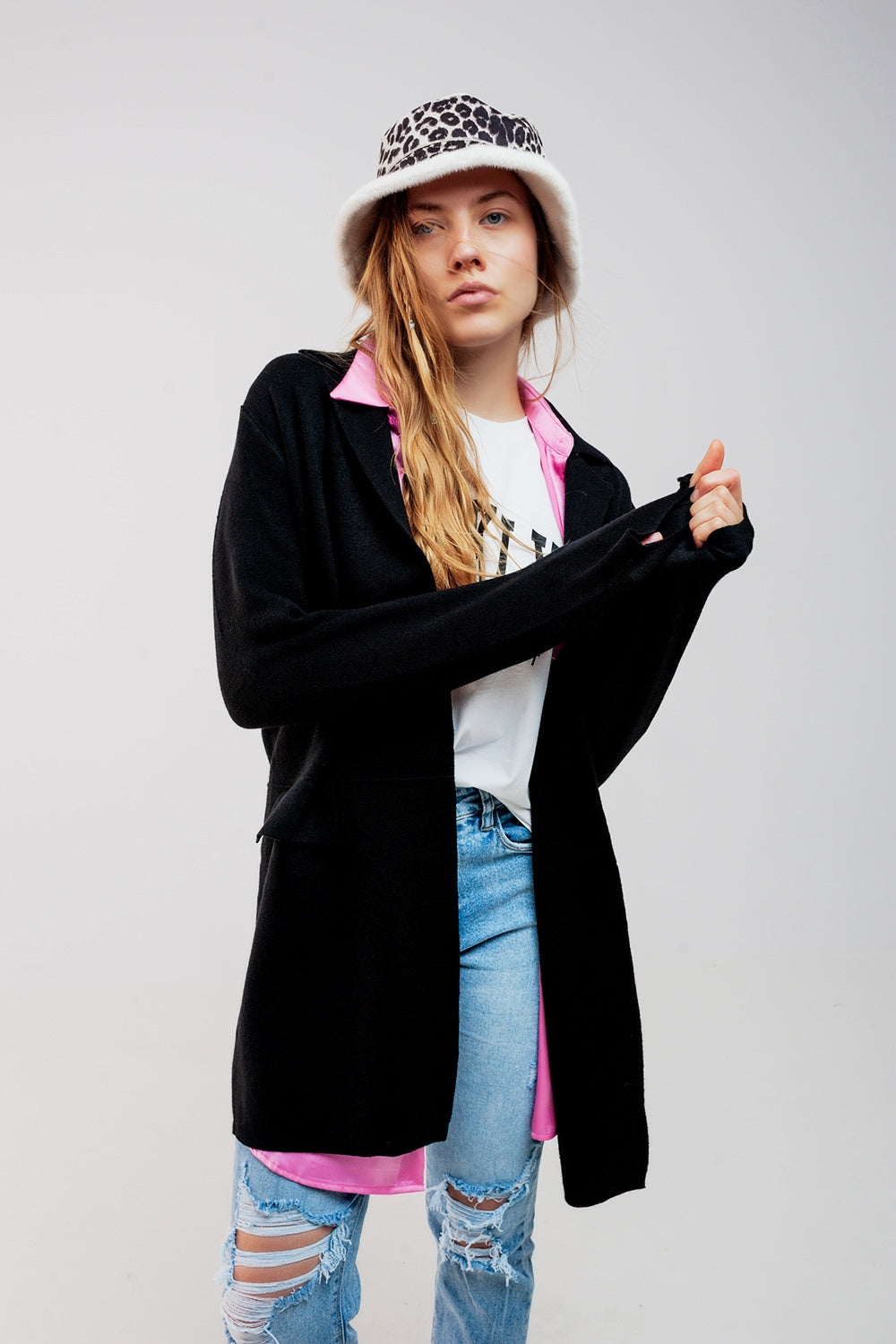 Q2 Oversized collar maxi cardigan in black