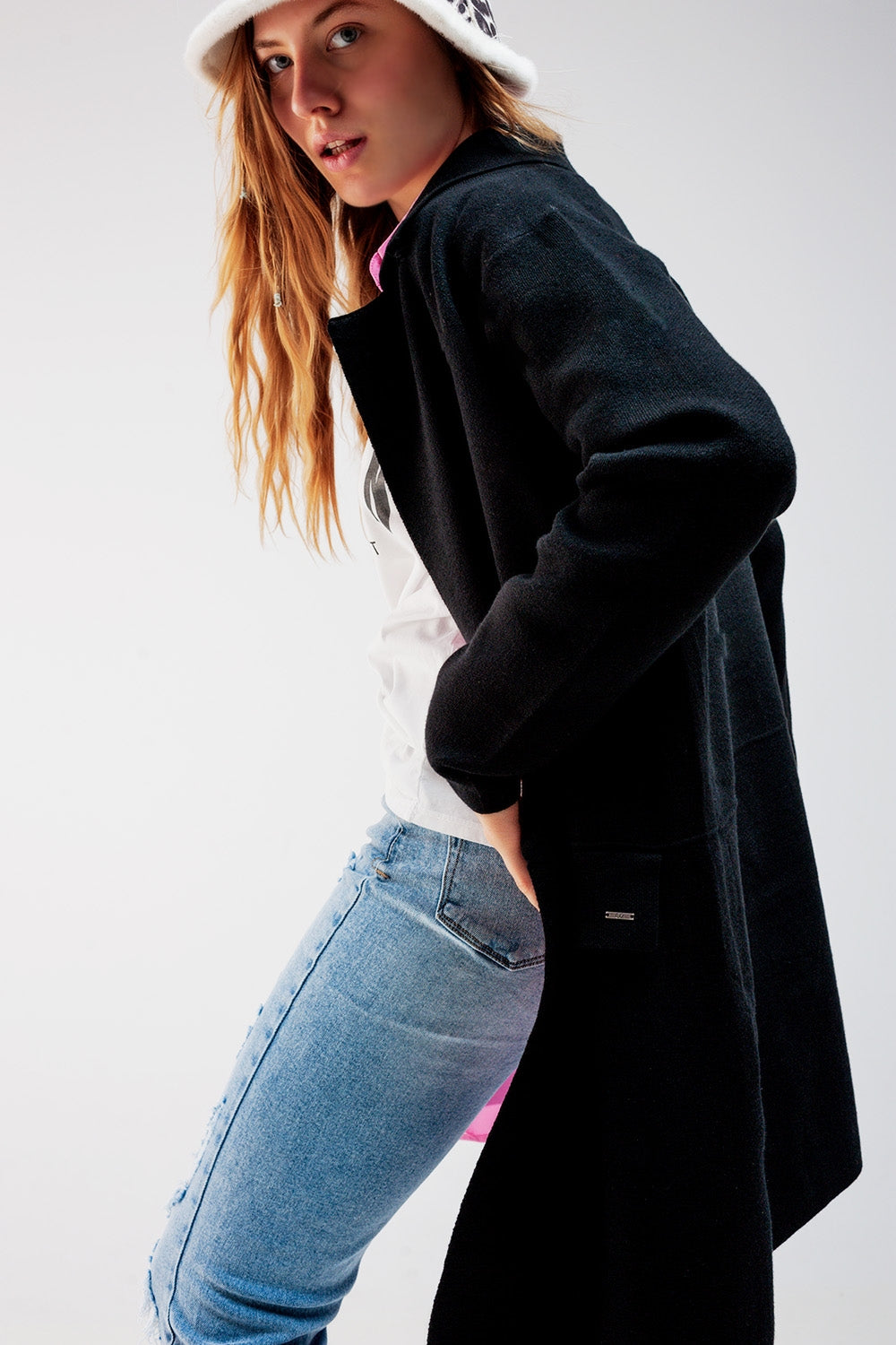 Oversized collar maxi cardigan in black