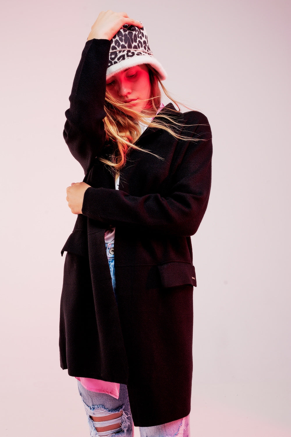 Oversized collar maxi cardigan in black