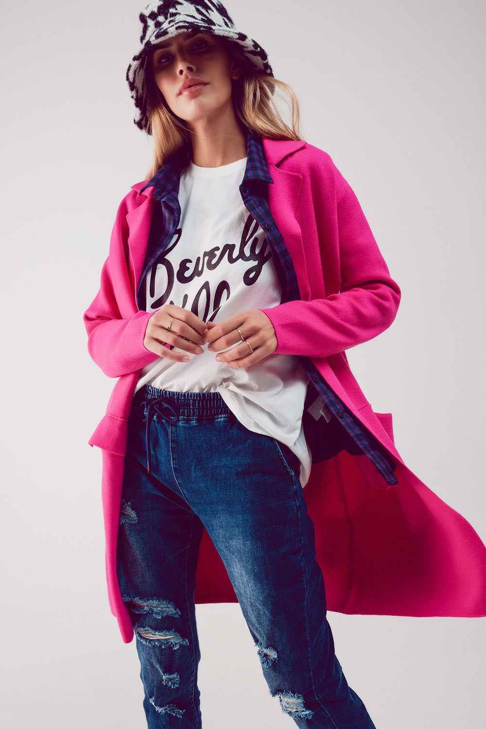 Q2 Oversized collar maxi cardigan in fuchsia
