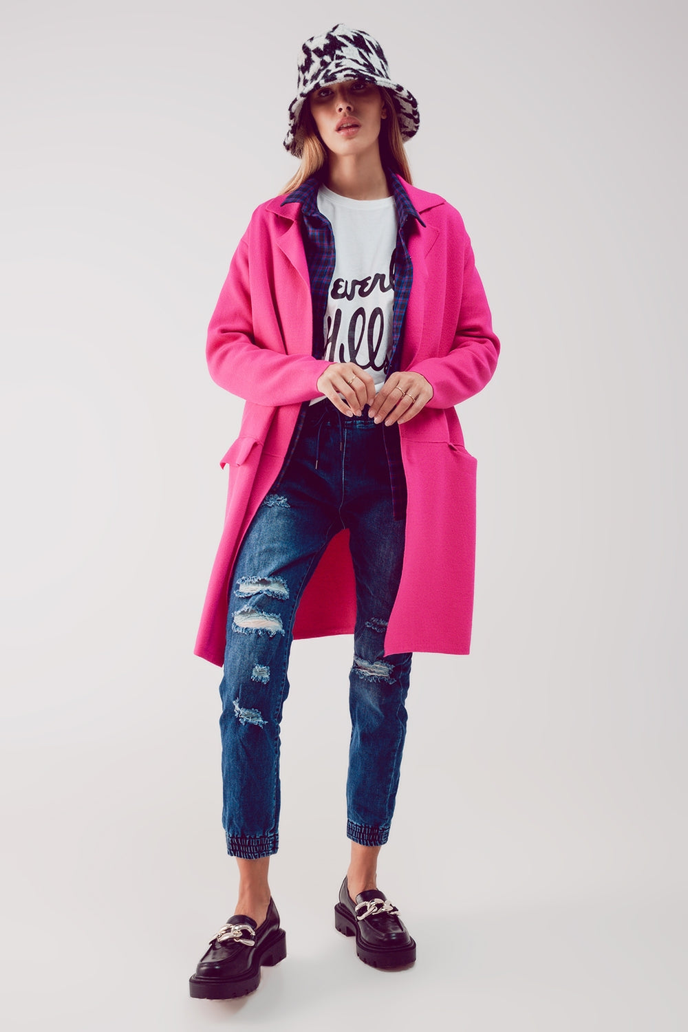 Oversized collar maxi cardigan in fuchsia