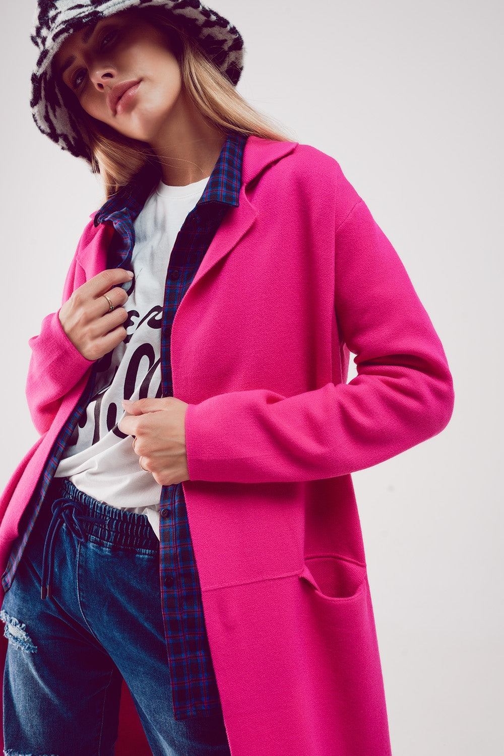 Oversized collar maxi cardigan in fuchsia