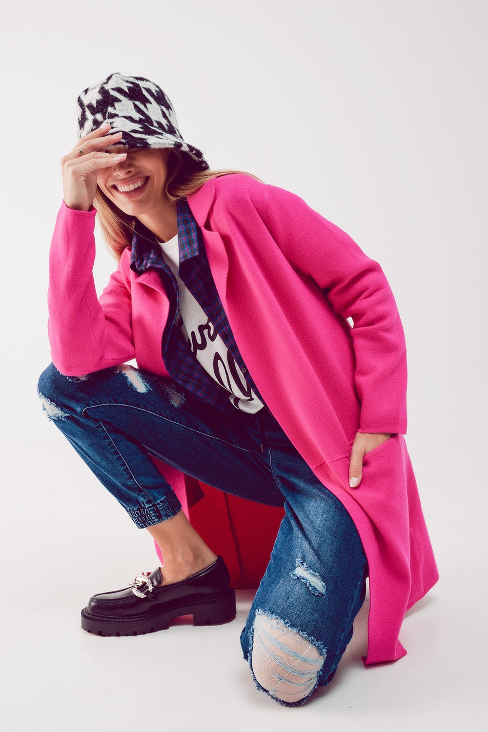 Oversized collar maxi cardigan in fuchsia