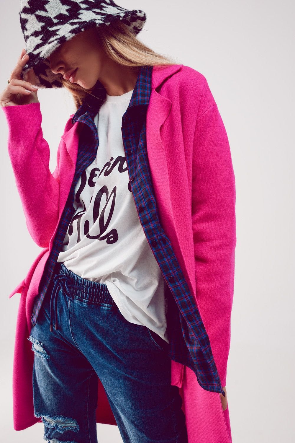 Oversized collar maxi cardigan in fuchsia