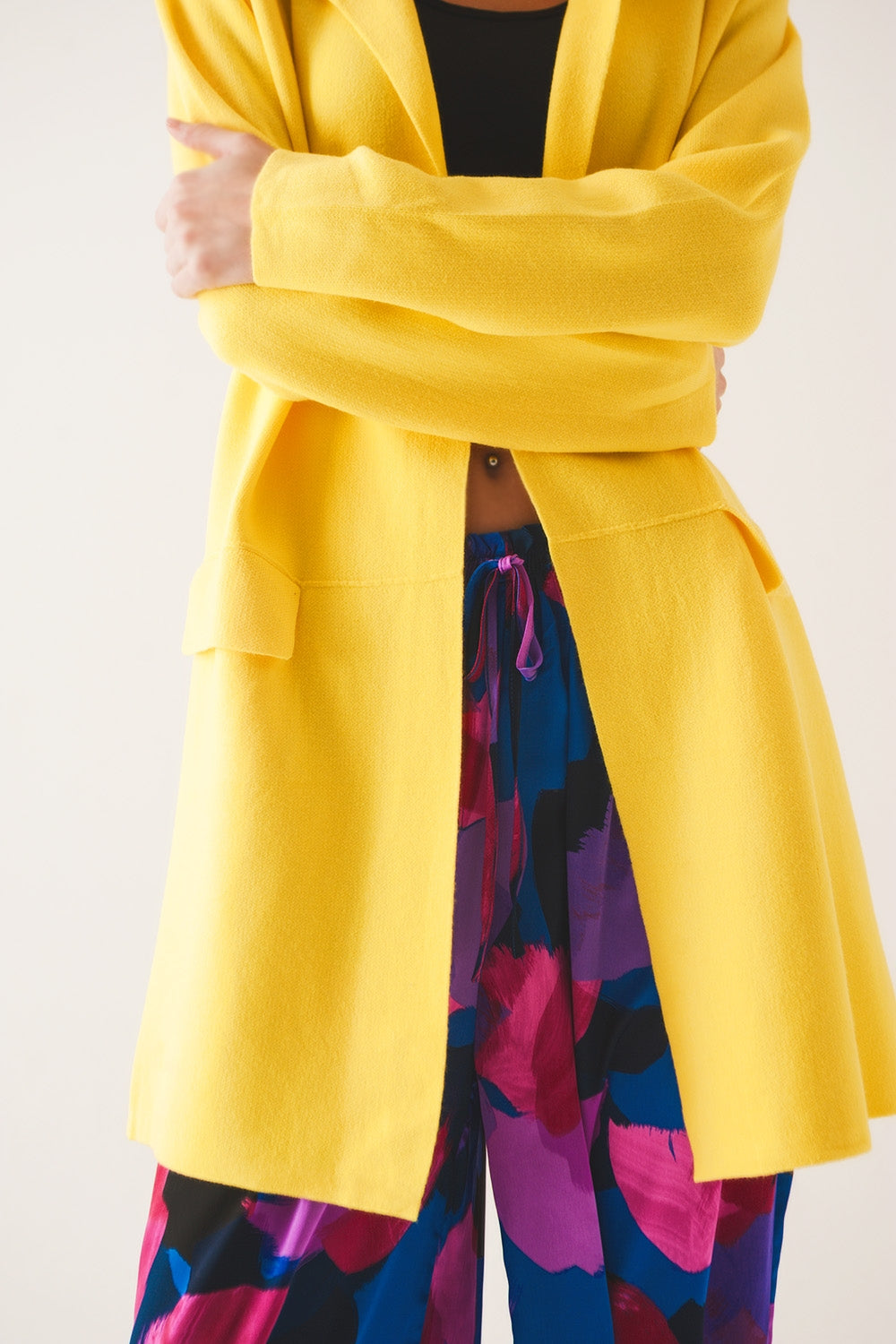 Oversized collar maxi cardigan in yellow
