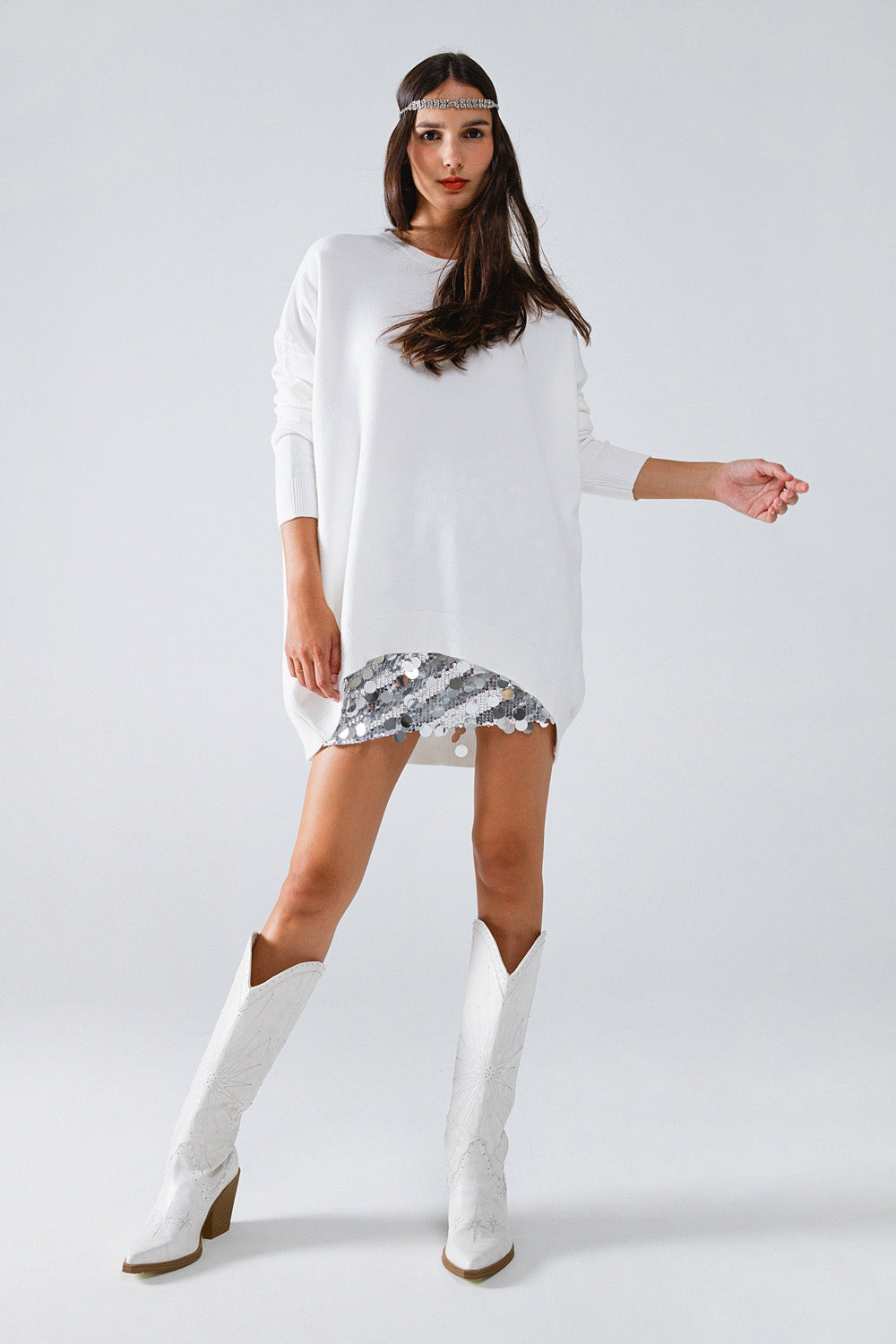 Oversized trui met ronde hals en lange mouwen in wit